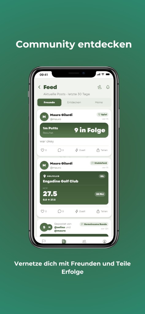 Feed mit Posts von Freunden und Ergebnissen